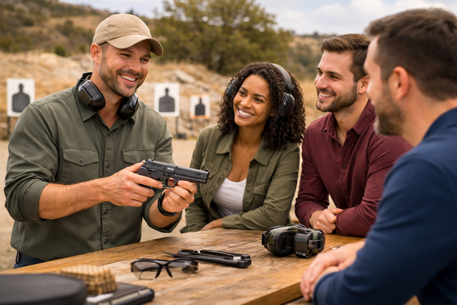 Group of people learning about a handgun at an outdoor shooting range